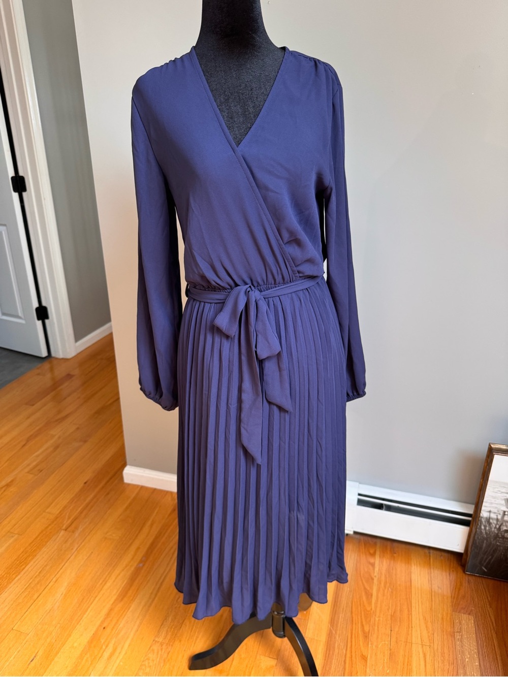 Long Sleeve Pleated Wrap Midi Dress - Deep Purple